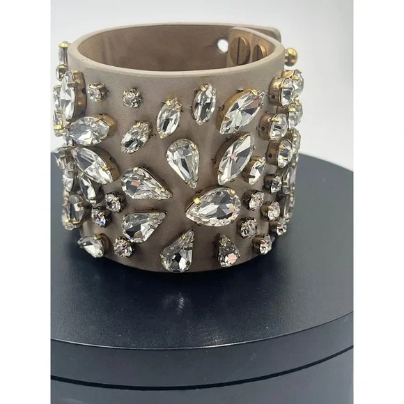 J. Crew Beige Leather Floral Rhinestone Statement Cuff Bracelet - Picture 6 of 11